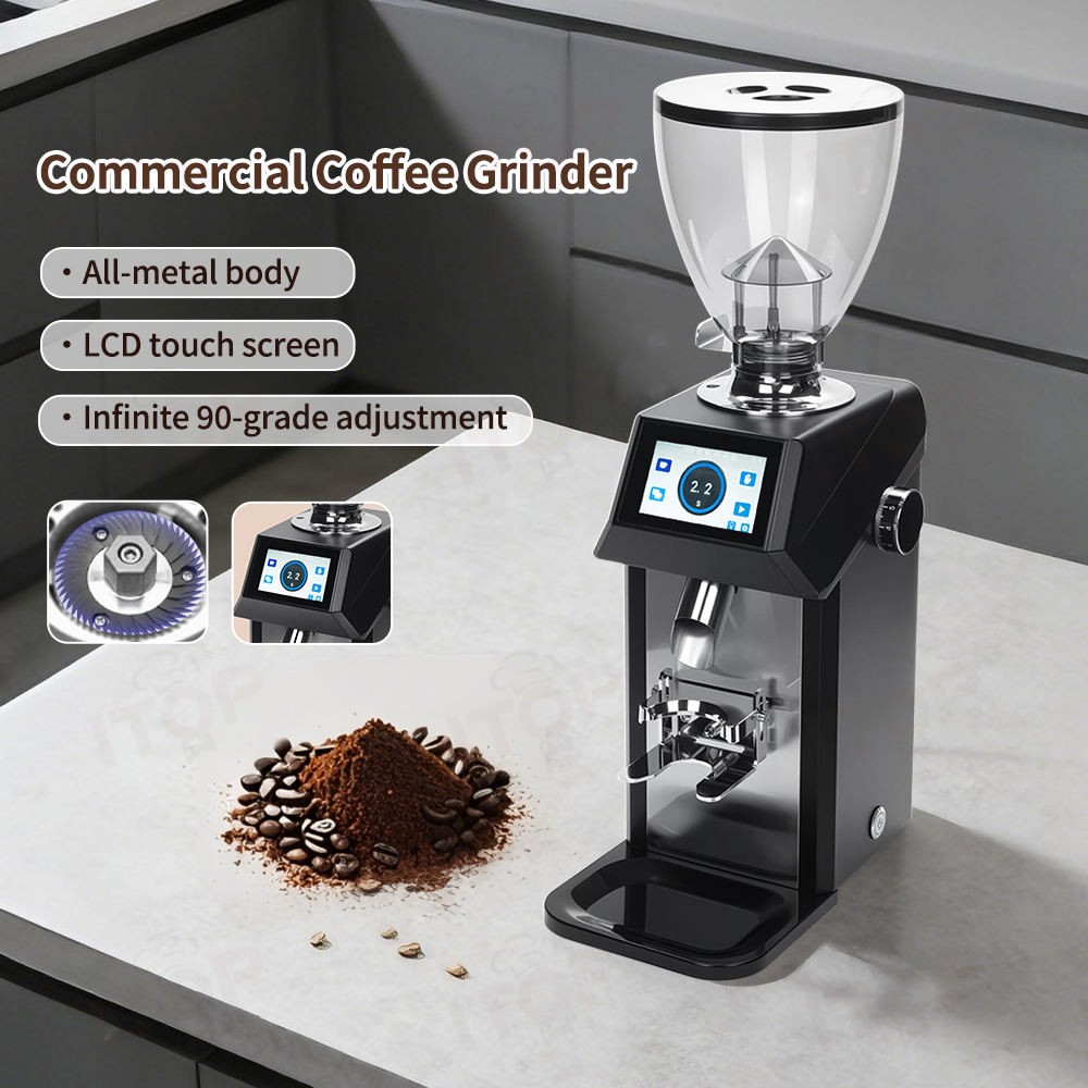 Coffee Grinder Burr Flat - ITOP コマーシャル 74mm フラット刃式 全金属製ボディ 電気式エスプレッソコーヒーミル、LCDタッチスクリーン搭載、卸売用