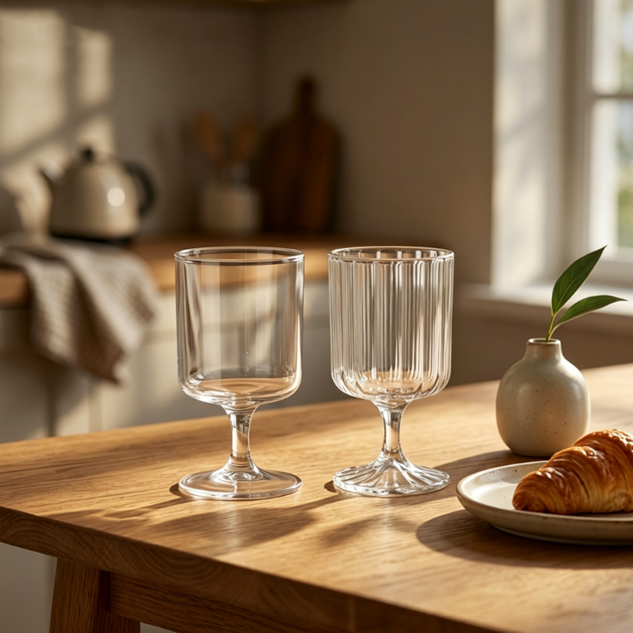 2種類のデザインの透明な脚付きグラス。レトロな縦縞模様。水、 - Espresso Shot Glass のレビューと価格